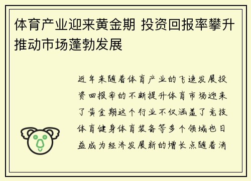 体育产业迎来黄金期 投资回报率攀升推动市场蓬勃发展
